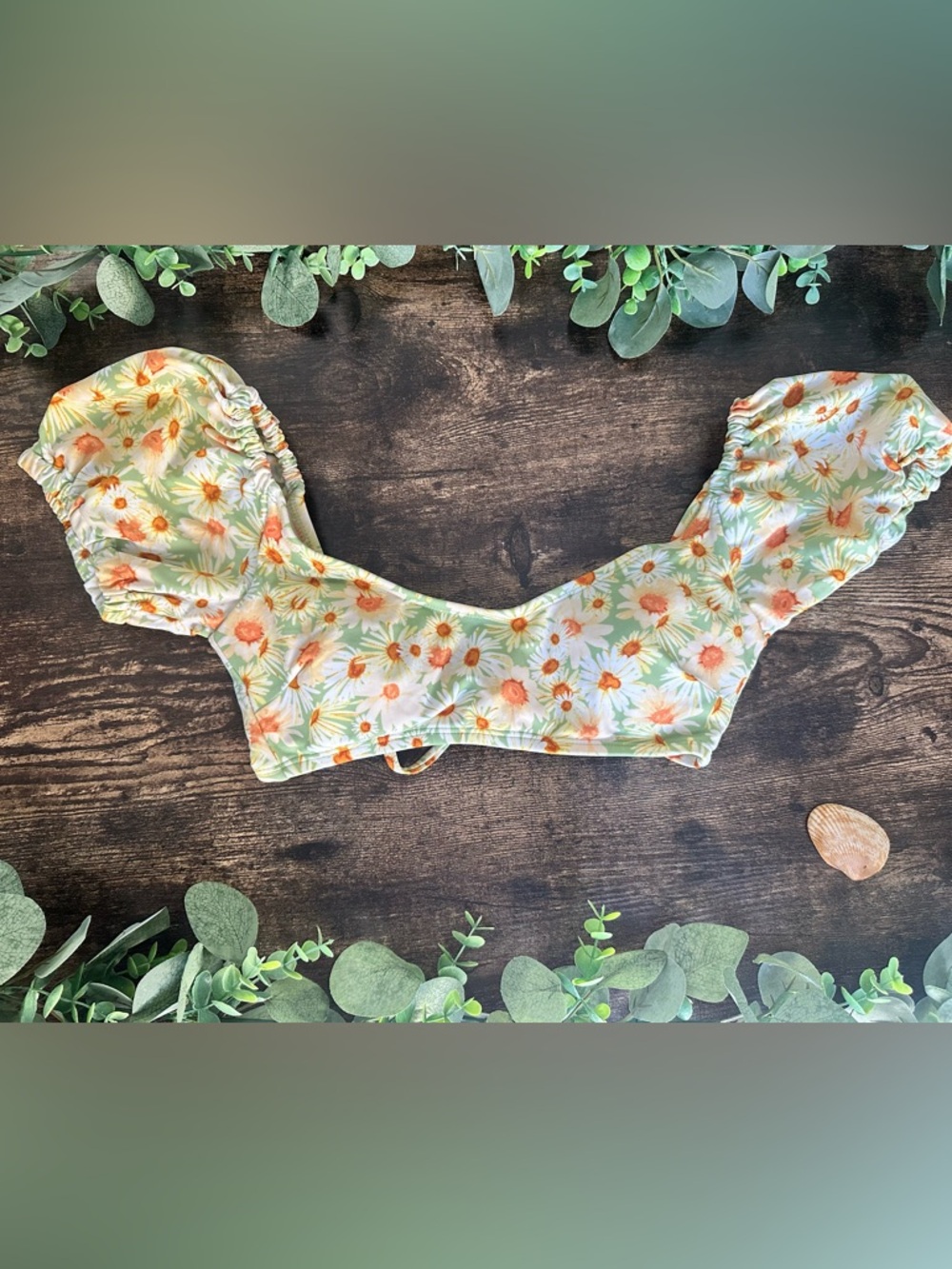 wild fable Floral Daisy Off-Shoulder Bikini Top in Light Green and Orange